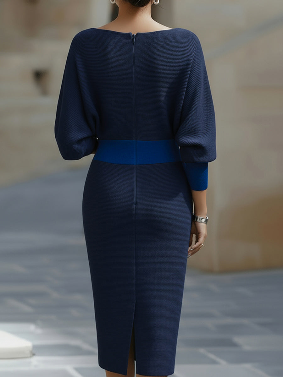 Ladies' elegant midi dress, round neck, flowy fabric, comfortable and chic for any event.