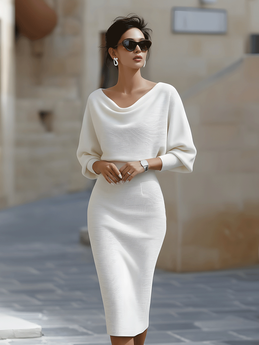 Chic ladies' midi dress with a round neck, elegant, comfortable, and flowy silhouette.