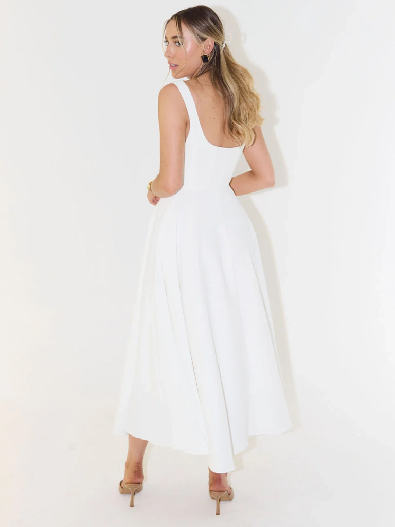 Women's occasion midi dress, elegant square neck, defined waist. Flowy & chic, a timeless flattering fit.