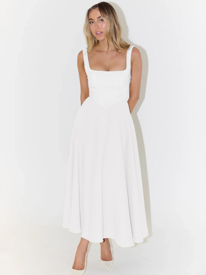 Women's elegant midi dress, flattering defined waist. Square neck, flowy, and chic for any event.