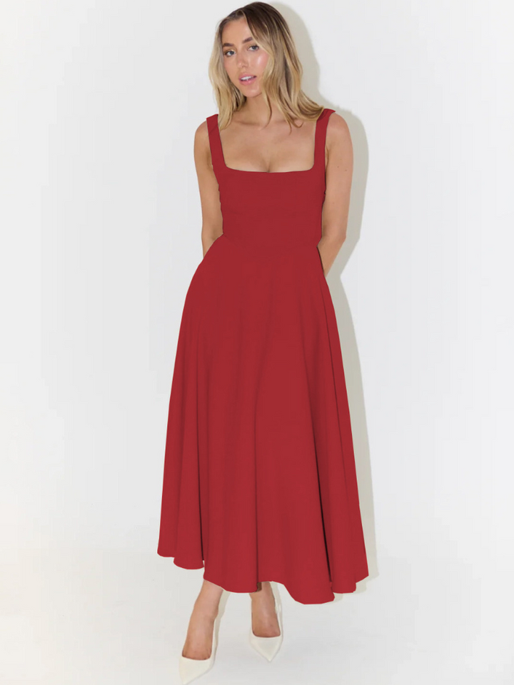 Chic women's summer midi dress, defined waist, square neck. Flattering fit, perfect for day wear.