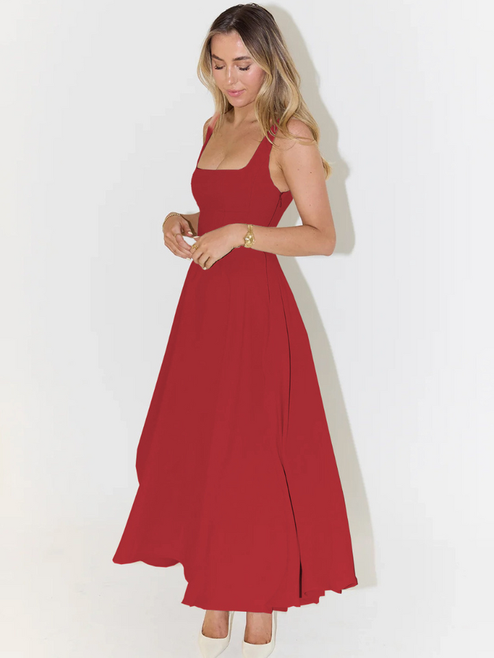 Women's timeless midi dress, elegant, defined waist. Flowy & chic for versatile summer occasion wear.