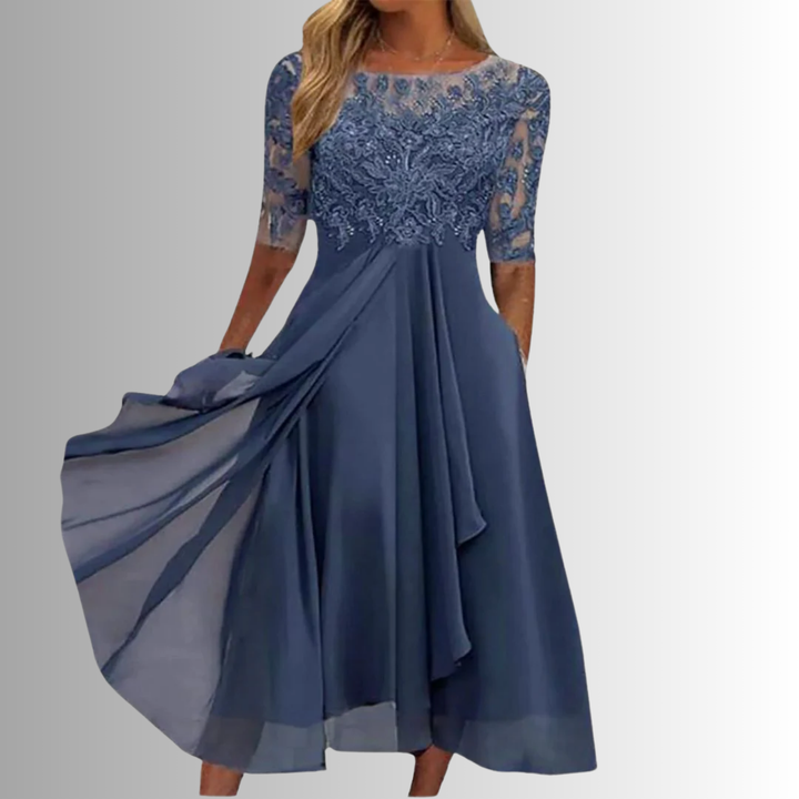 Elegant women's midi dress with delicate lace top, half sleeves, and a graceful flowing A-line skirt, perfect for summer parties.