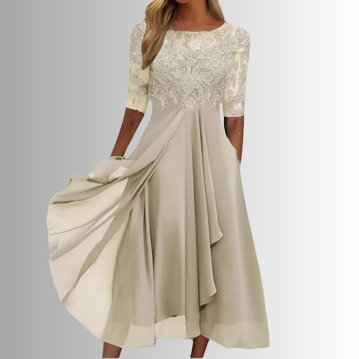 Stunning women's lace top midi dress, half-sleeve, with a flowing skirt, an elegant choice for any party or event.