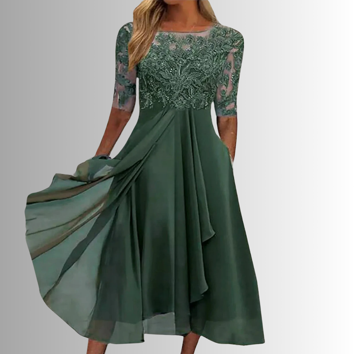 Beautiful women's summer midi dress, delicate lace top, half sleeves, and a flattering flowing A-line skirt.