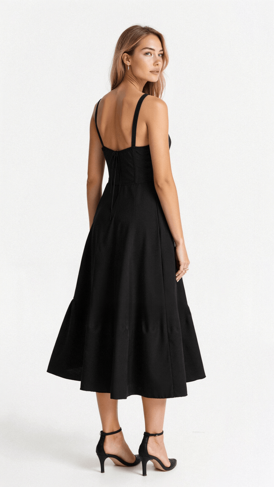 Timeless women's elegant midi dress, a versatile waist-cinching style for any event.