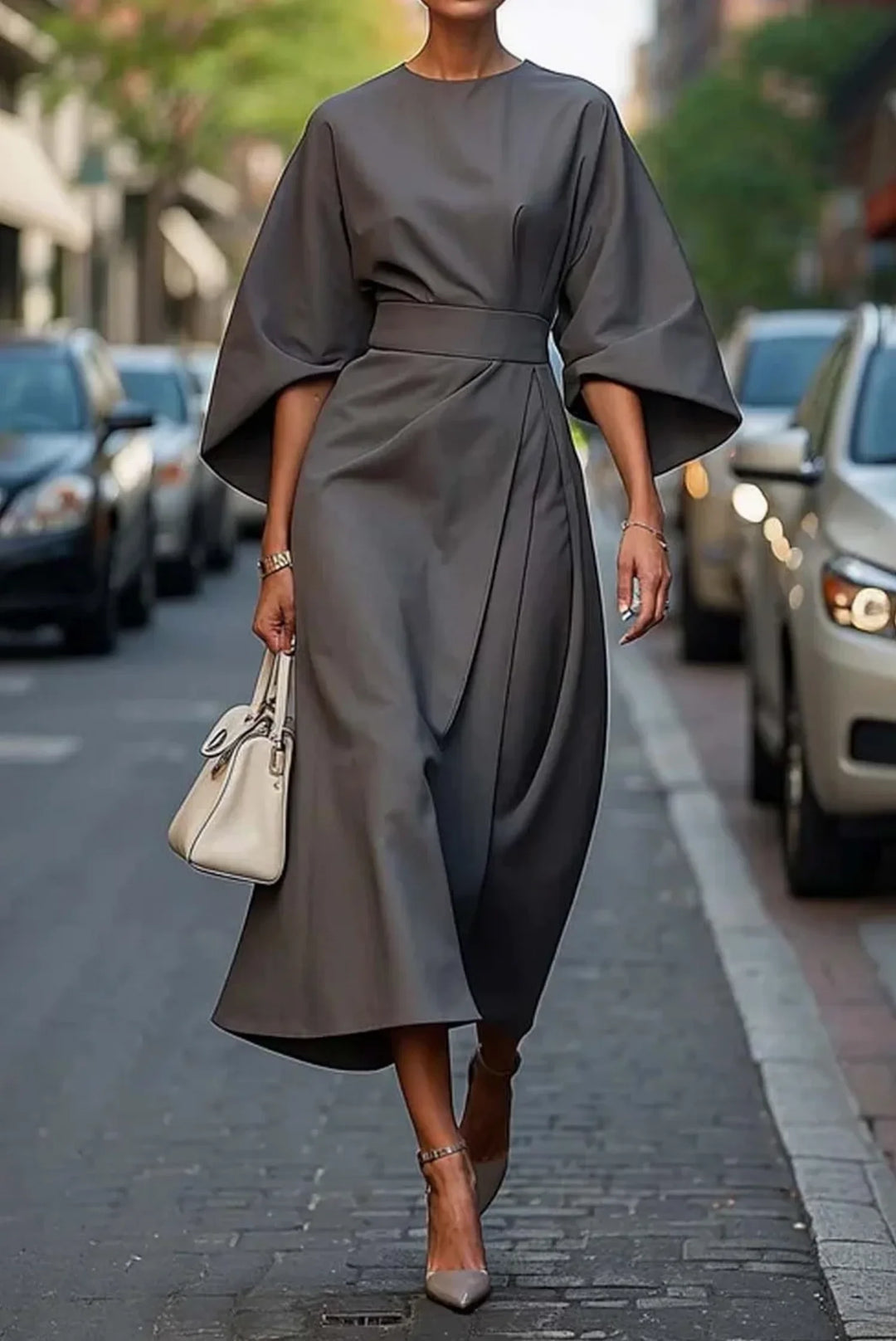Versatile women's midi dress: elegant lantern sleeves, tie-waist wrap front, ideal for sophisticated occasions.