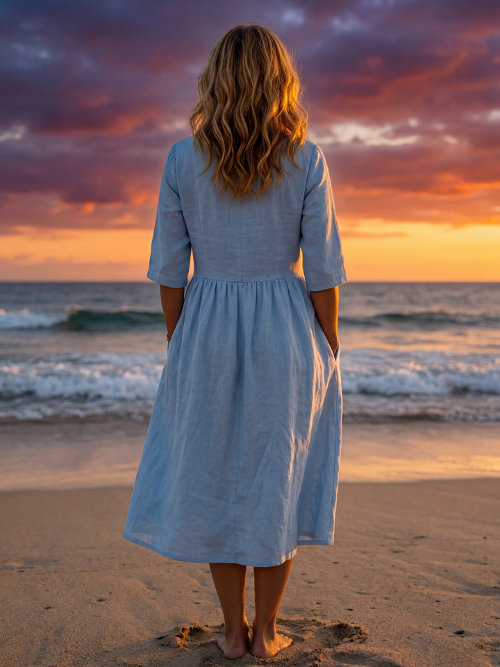 Everyday elegant midi dress for women. Comfortable with a relaxed fit, round neck, & half sleeves. Versatile casual wear.