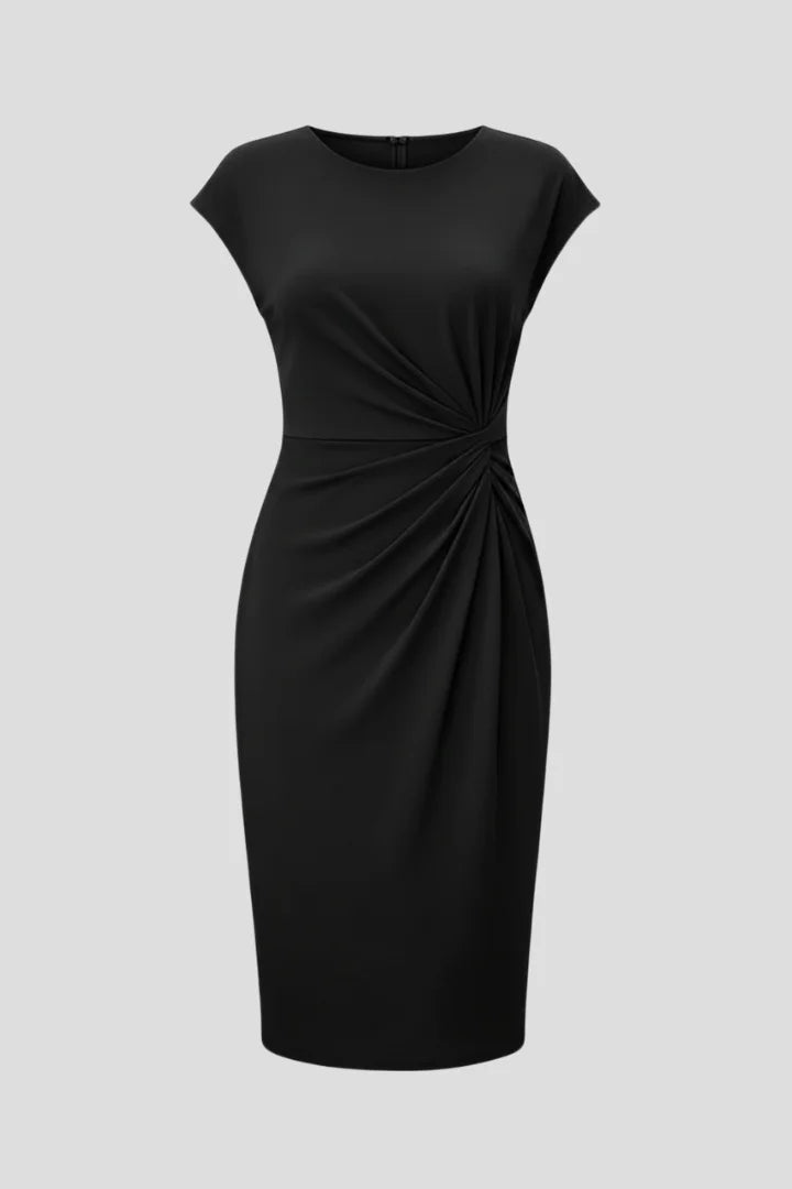 Elegant women's midi dress with ruched waist & cap sleeves. Perfect for work or parties.