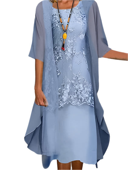 Elegant women's midi dress with sheer sleeves, perfect for a wedding guest, formal evening, or special occasion.