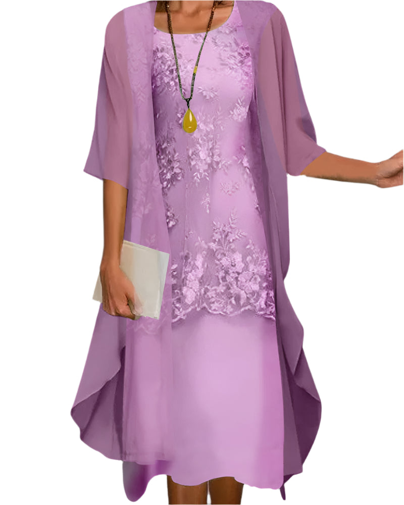 Sophisticated women's midi dress with sheer sleeves, an elegant choice for evening events & formal parties.
