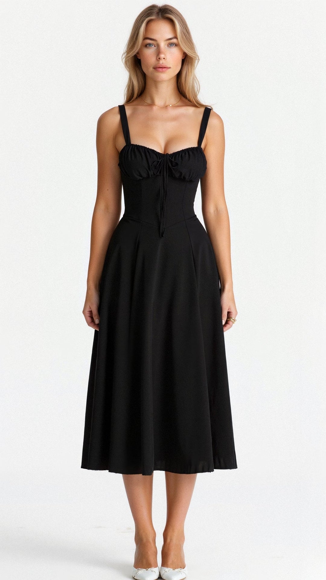 Model wearing an elegant women's corset bodice midi evening dress, styled for a formal event or wedding guest.