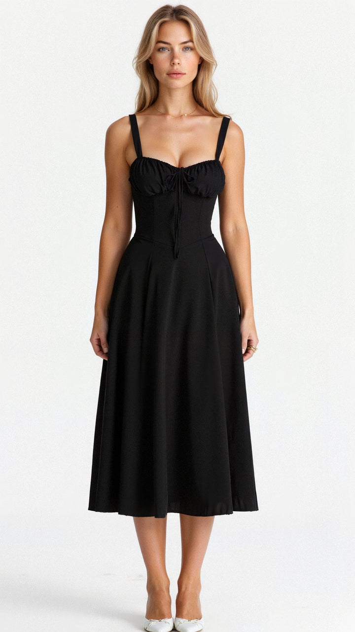 Model wearing an elegant women's corset bodice midi evening dress, styled for a formal event or wedding guest.