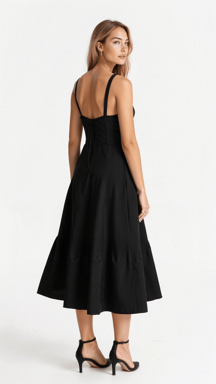 Women's elegant midi evening dress with a flowing skirt in motion, highlighting its structured corset bodice. Party wear.
