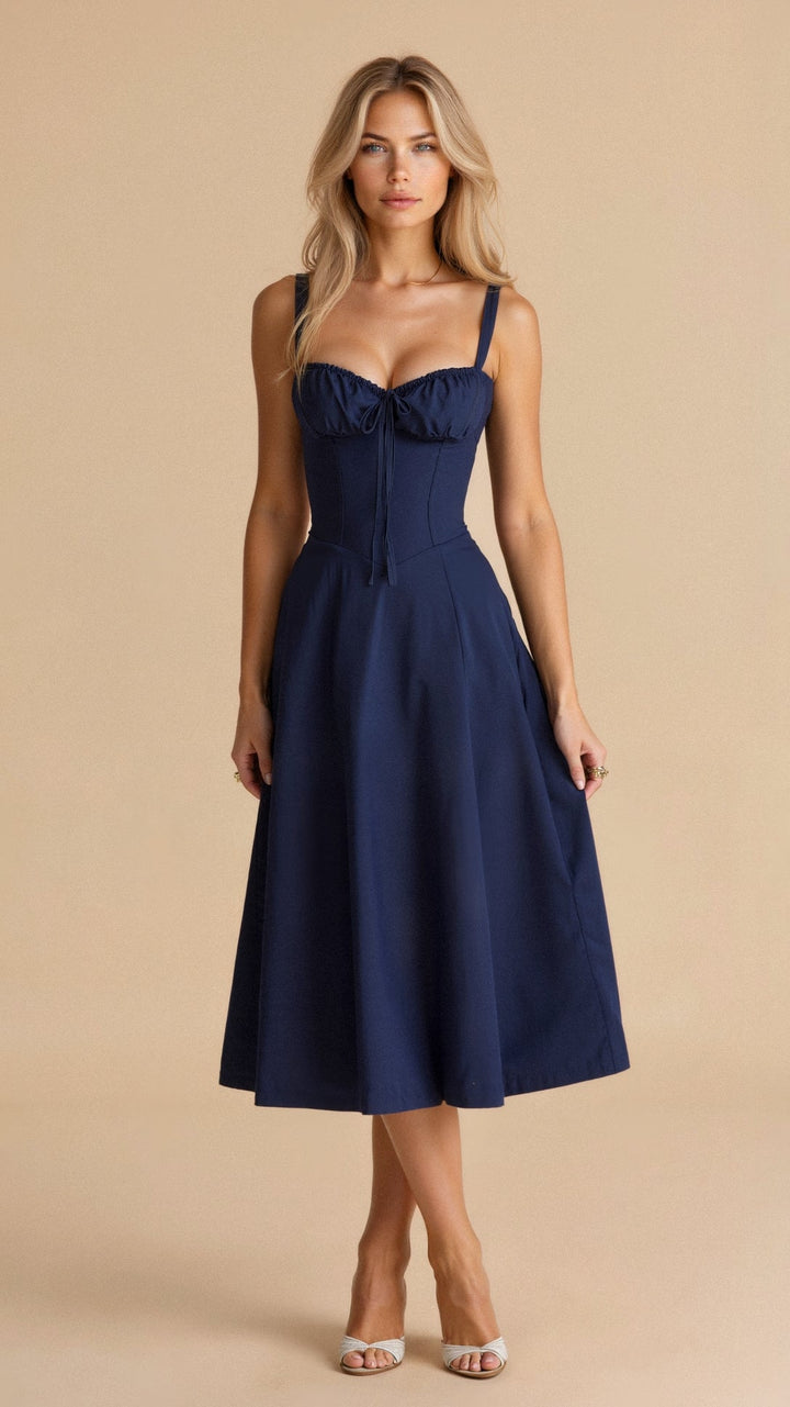 Beautiful women's midi dress with an elegant corset bodice and flowing skirt, perfect for any special occasion or party.
