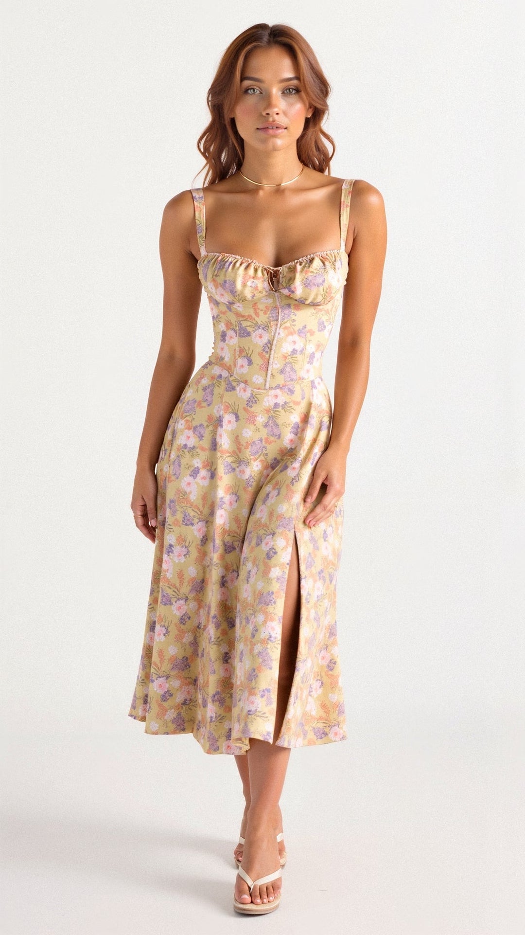 Women's formal midi dress featuring an elegant corset bodice that defines the waist. Ideal for special occasions.