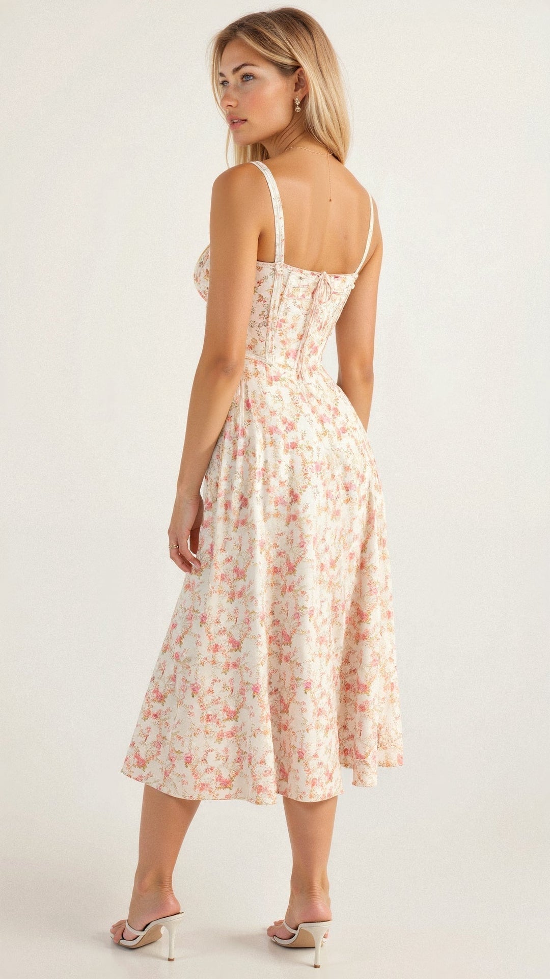 Front view: Elegant women's midi evening dress, showcasing its structured corset bodice & flowing skirt. Wedding guest style.
