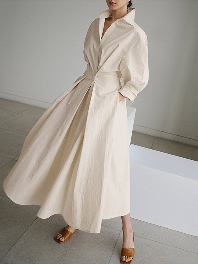Elegant women's midi shirt dress with button-front, perfect for versatile spring & summer fashion.