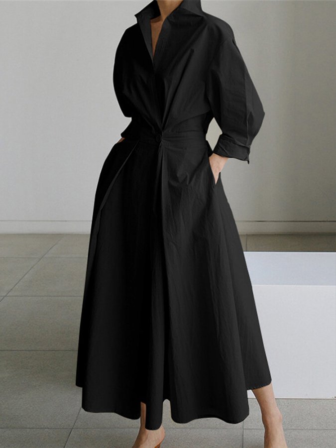 Versatile women's elegant midi dress. Button-front, long-sleeve design perfect for spring & summer.