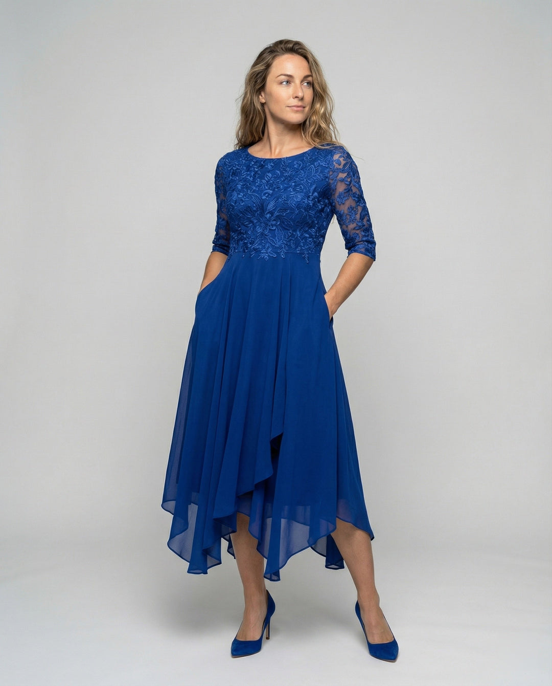 Elegant women's midi wedding guest dress, flattering fit for special occasions.