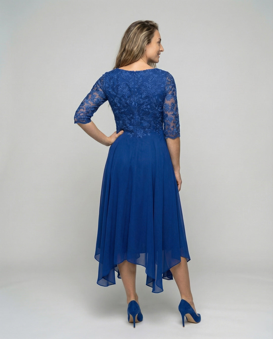 Flattering midi wedding guest dress, comfortable and elegant for women's special occasion events.