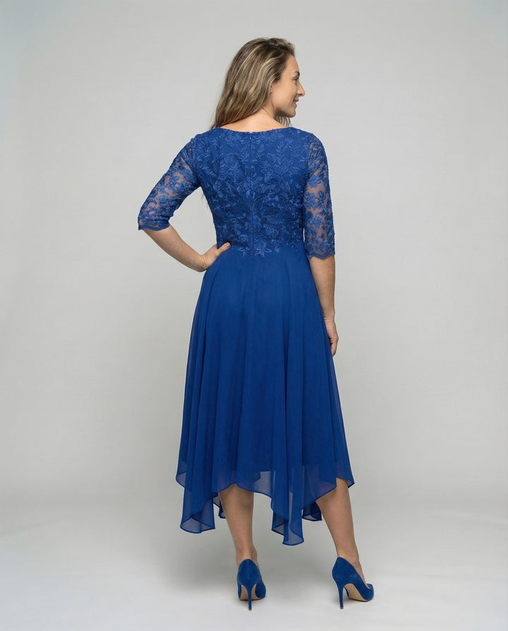 Flattering midi wedding guest dress, comfortable and elegant for women's special occasion events.