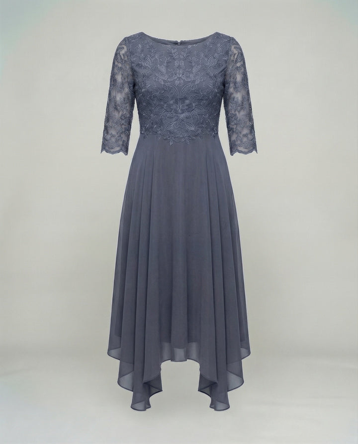 Sophisticated women's midi dress, embroidered detail, comfortable for formal events.