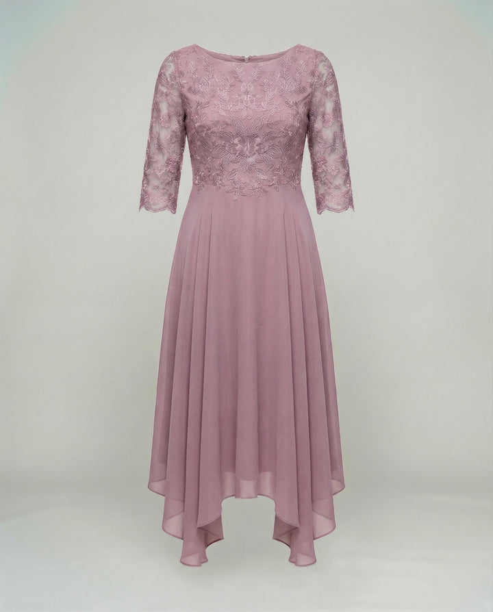 Comfortable women's formal midi dress, perfect as an elegant wedding guest or party outfit.