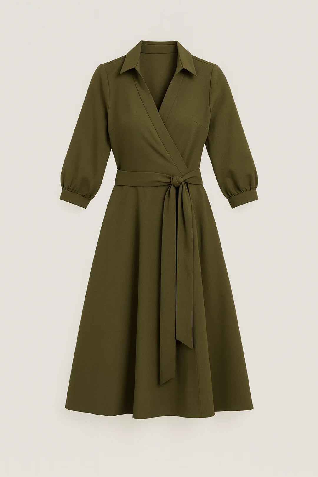 Elegant women's midi wrap dress with shirt collar & belt, perfect for spring & summer casual chic outfits.