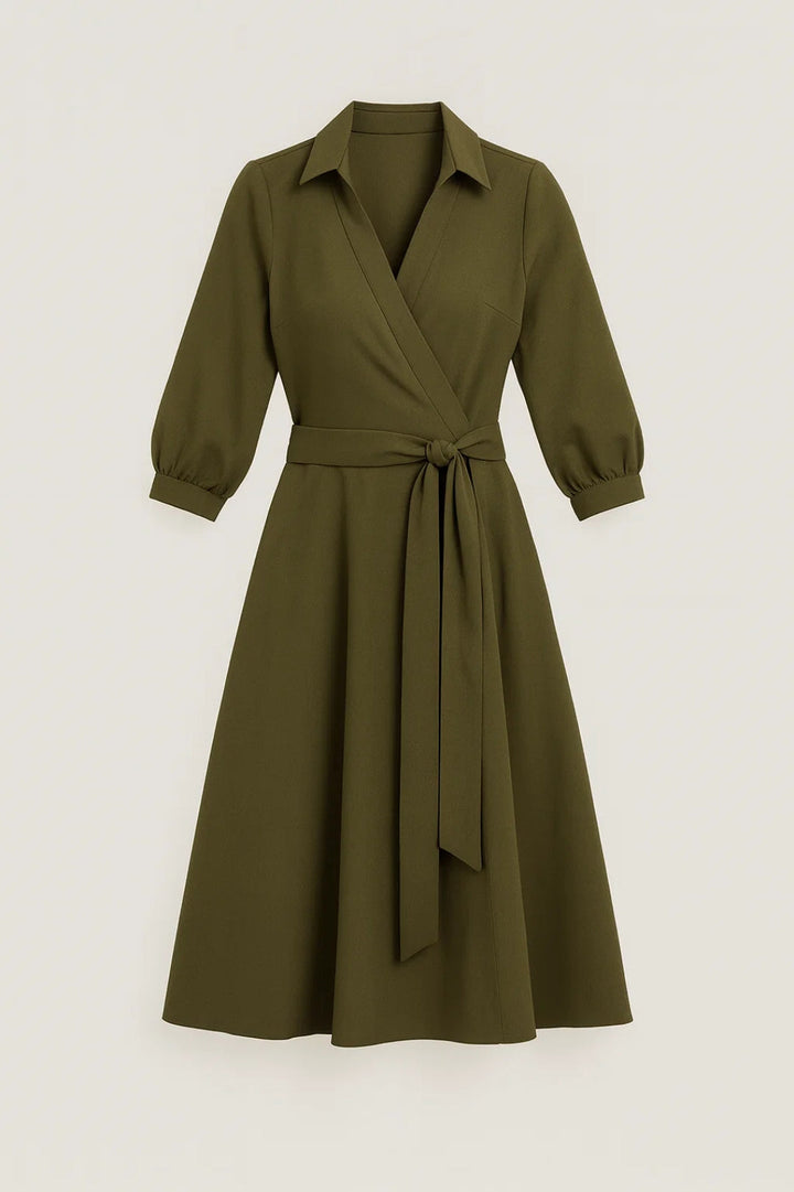 Elegant women's midi wrap dress with shirt collar & belt, perfect for spring & summer casual chic outfits.