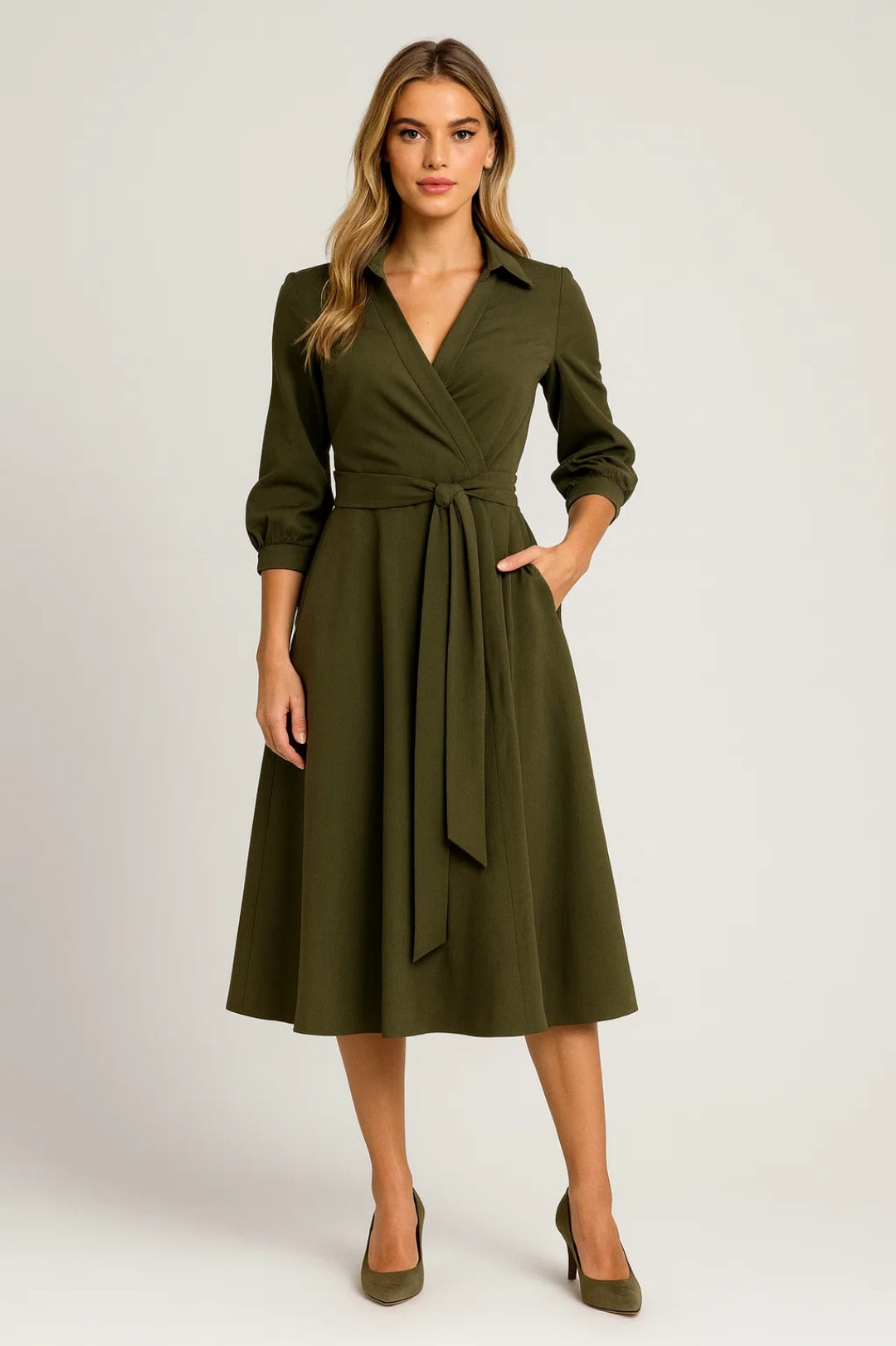 Flattering women's midi wrap dress with shirt collar, belted waist. Versatile for day to night, spring & fall.