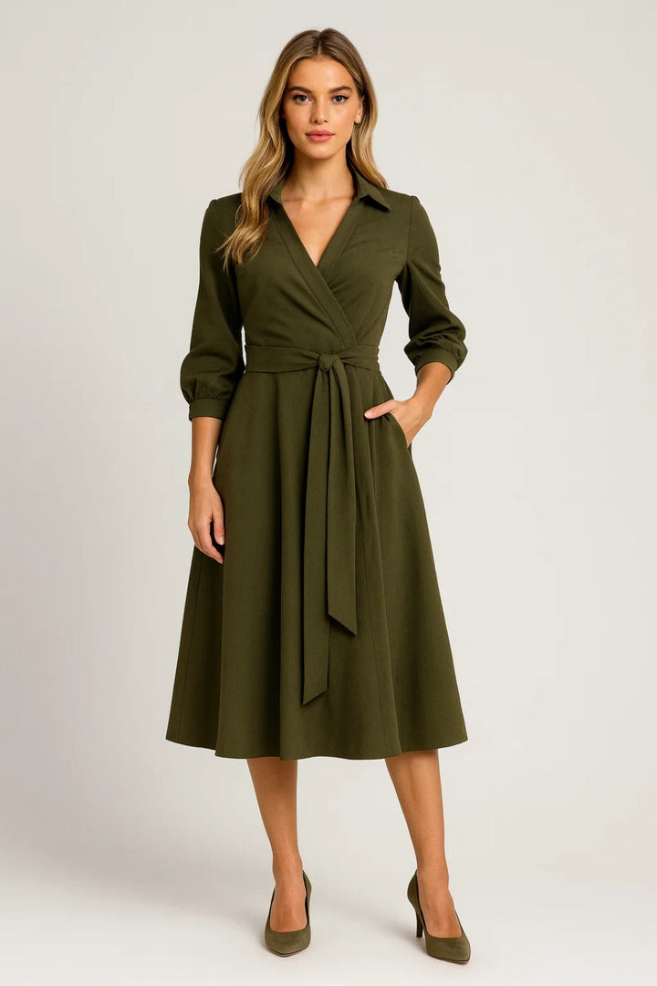 Flattering women's midi wrap dress with shirt collar, belted waist. Versatile for day to night, spring & fall.