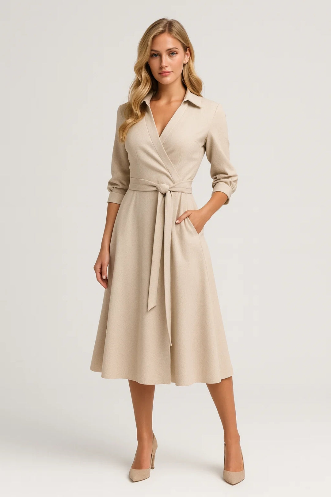 Stylish women's midi wrap dress with a sophisticated shirt collar & adjustable belt, ideal for elegant spring/fall looks.