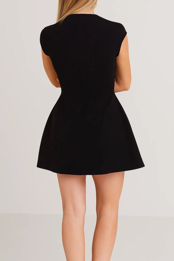 Modern A-line mini dress for women, featuring an elegant stand-up collar. A minimalist and chic summer staple.