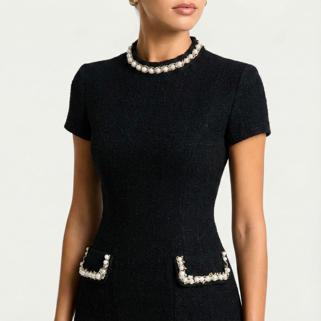 Stylish women's pearl trim mini dress with pocket detail. Ideal elegant short sleeve cocktail or day dress for chic fashion.