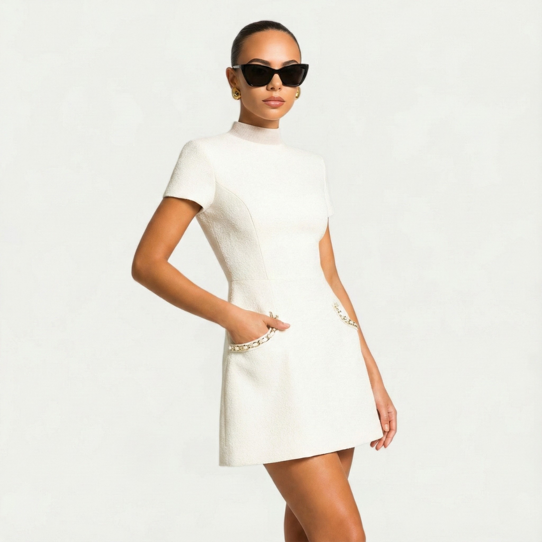 Beautiful women's mini dress, adorned with elegant pearl trim & practical pocket. A perfect spring/summer short sleeve dress.