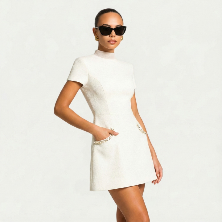 Beautiful women's mini dress, adorned with elegant pearl trim & practical pocket. A perfect spring/summer short sleeve dress.