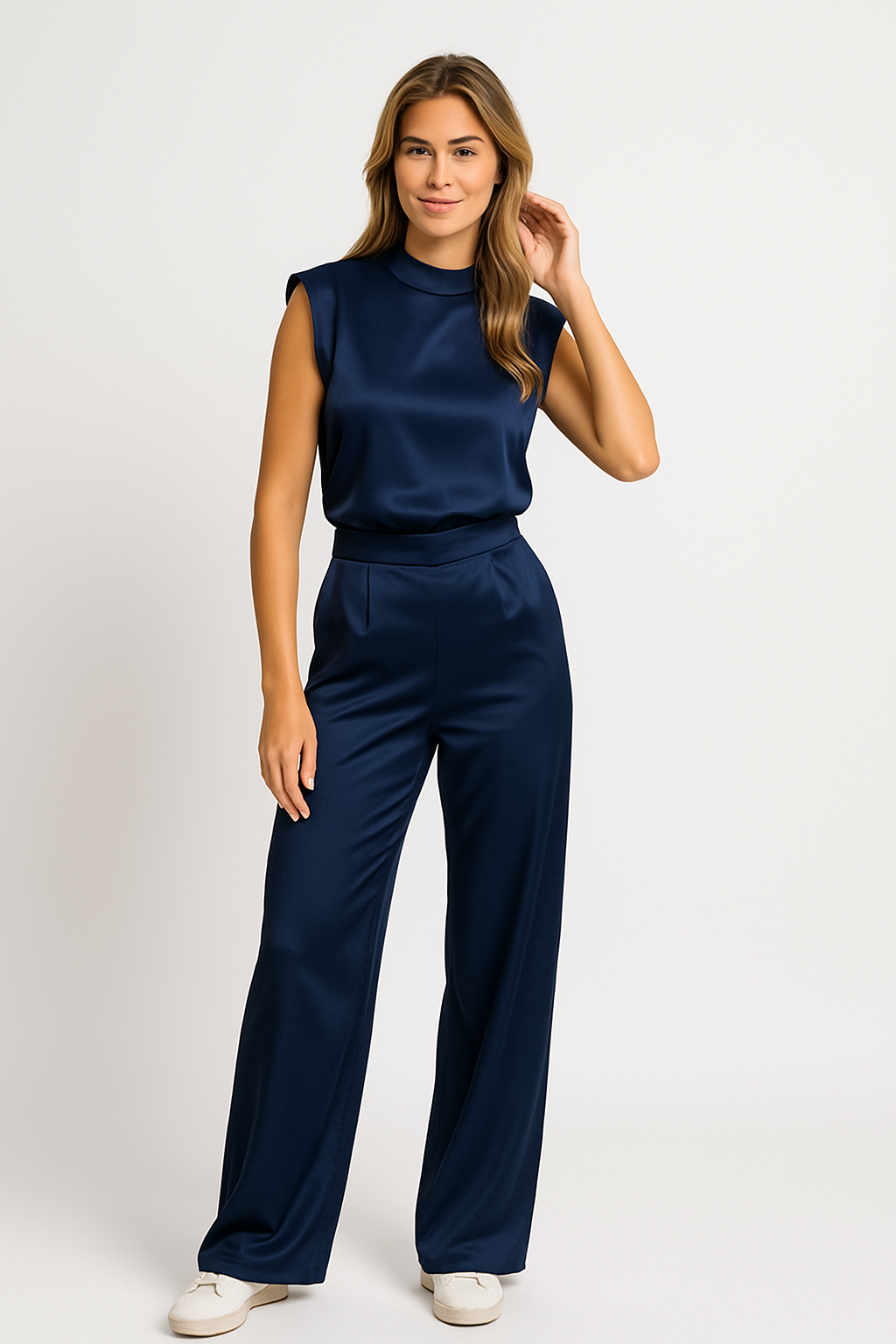 Sophisticated women's formal wide leg jumpsuit, featuring a mock neck design.