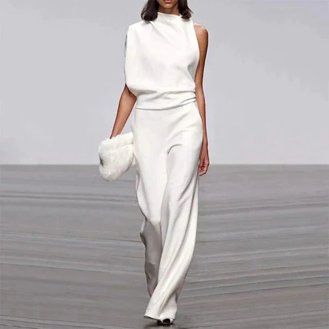 Sophisticated wide-leg jumpsuit for women with a mock neck, ideal for parties. Chic, one-piece formal attire.