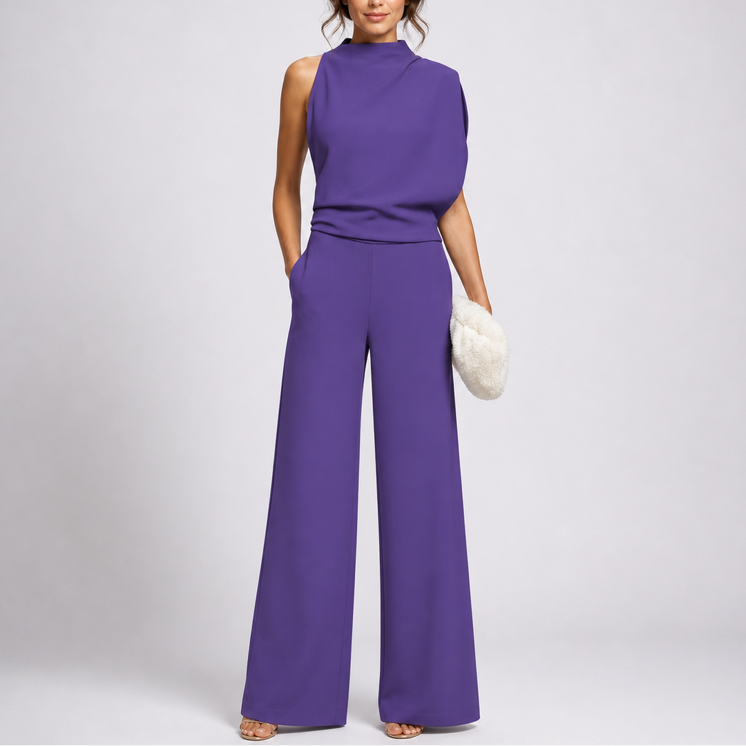 Comfortable & elegant women's formal jumpsuit with a mock neck & wide-leg design.