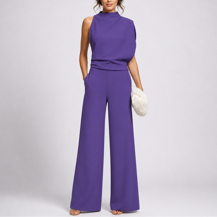 Comfortable & elegant women's formal jumpsuit with a mock neck & wide-leg design.