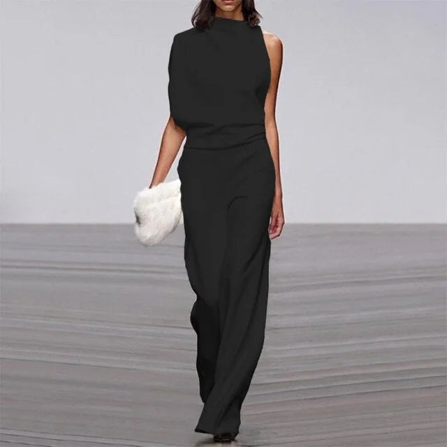 Sleeveless, elegant women's jumpsuit featuring a stylish mock neck & flattering wide-leg design for formal events.