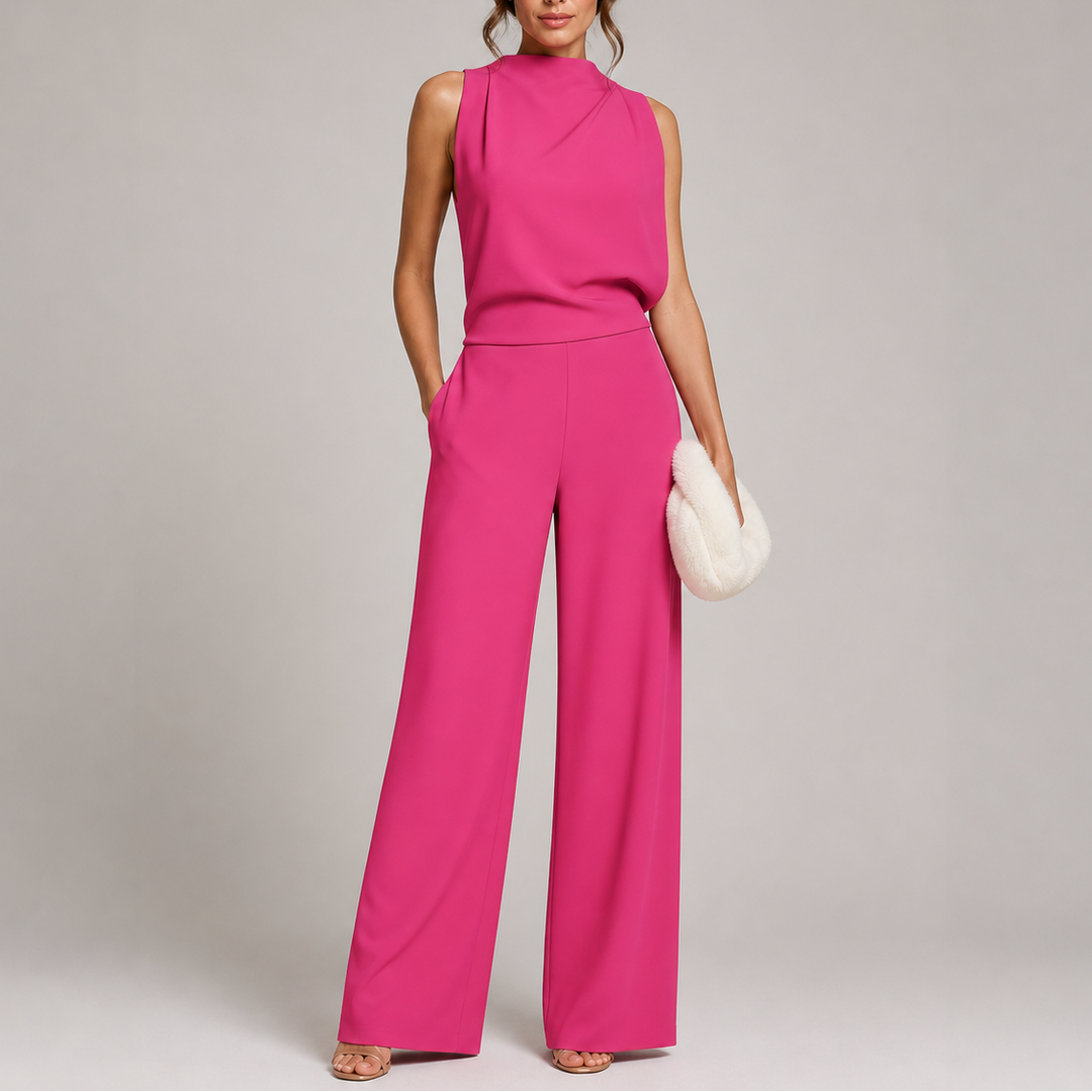 Women's sleeveless formal jumpsuit featuring a sophisticated mock neck and flowy wide legs.