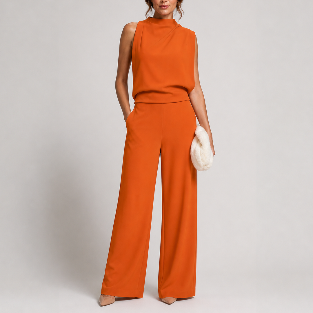 Stylish women's evening jumpsuit, mock neck and wide-leg cut, great for parties and events.