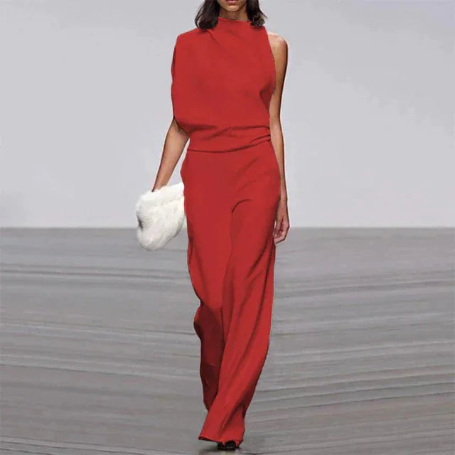 Modern women's mock-neck wide-leg jumpsuit. Elegant and sophisticated one-piece for formal wear or chic events.