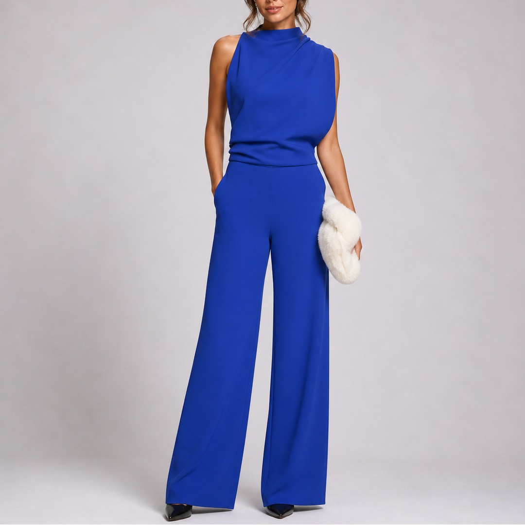 Fashionable women's wide-leg mock neck jumpsuit, an elegant choice for any formal occasion.