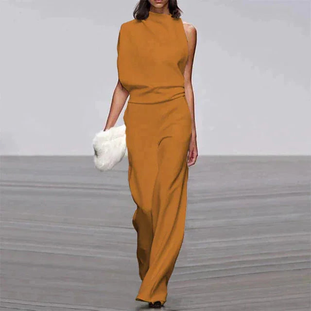 Women's elegant mock-neck jumpsuit with wide-leg pants. Sophisticated sleeveless design for formal occasions.