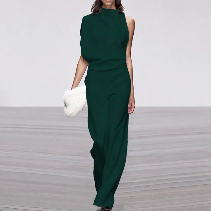 Fashionable women's wide-leg jumpsuit, mock neck. Elegant sleeveless party outfit, ideal for formal evening wear.