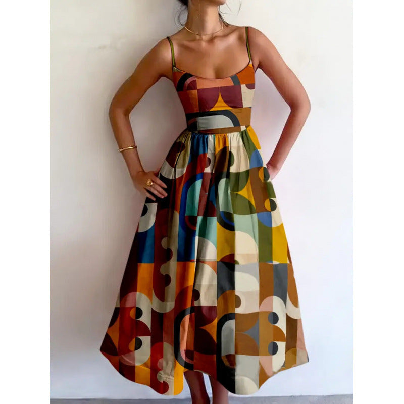 Elegant Women's Modern Geometric Midi Dress, sleeveless with a flowy silhouette, perfect for summer, brunch, or vacation.