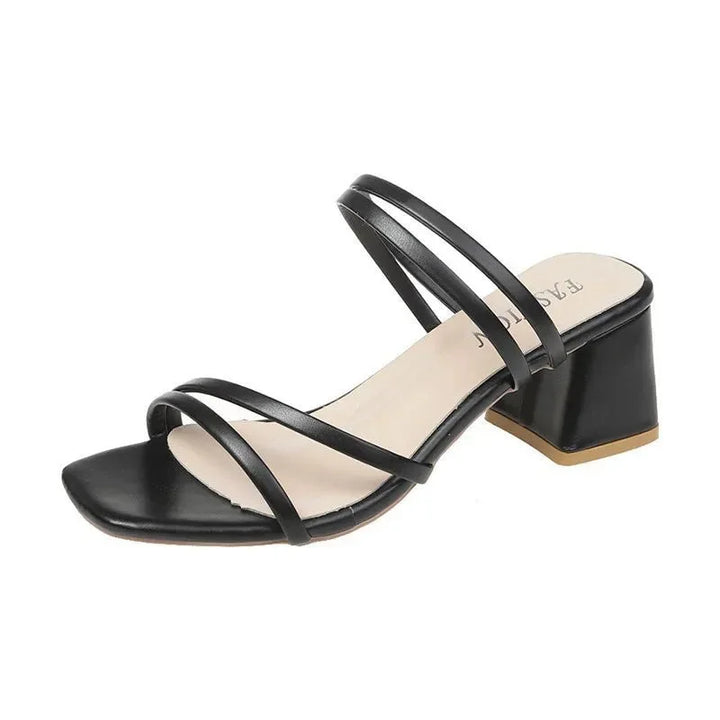 Elegant women's multi-strap block heel sandals with a modern square toe, perfect for evening wear.